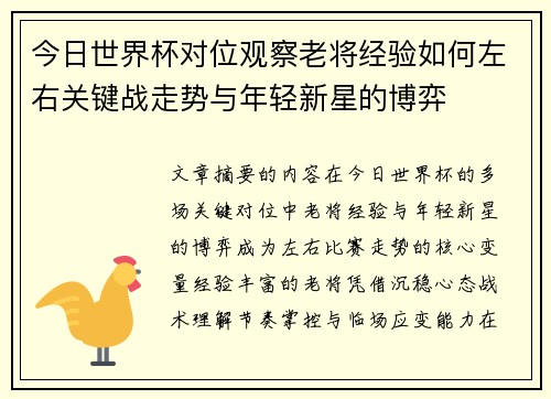 今日世界杯对位观察老将经验如何左右关键战走势与年轻新星的博弈