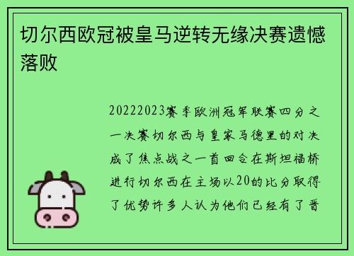 切尔西欧冠被皇马逆转无缘决赛遗憾落败