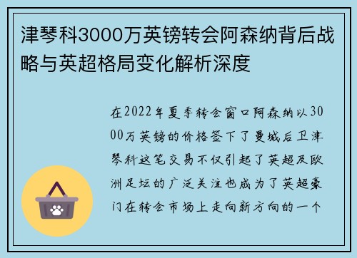 津琴科3000万英镑转会阿森纳背后战略与英超格局变化解析深度